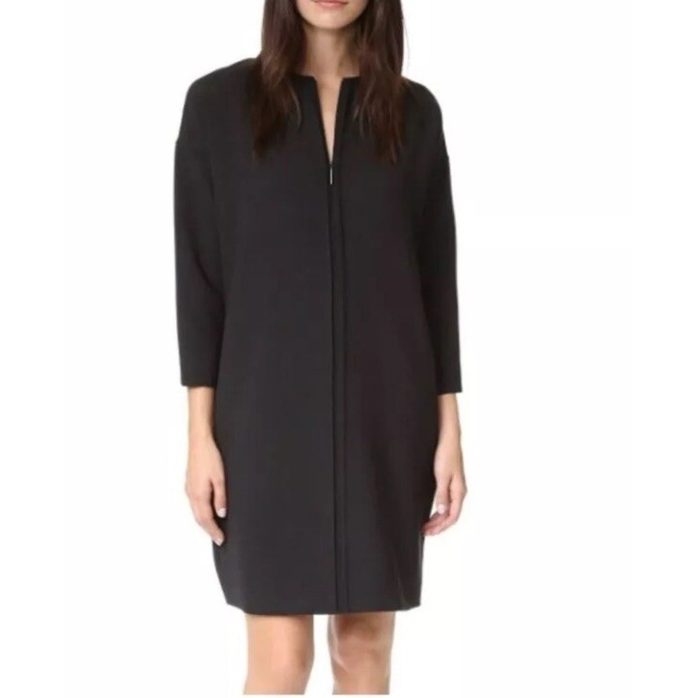 Vince Shift Dress Womens Medium Black Front Zip 3/4 Sleeve Minimalist V364451189